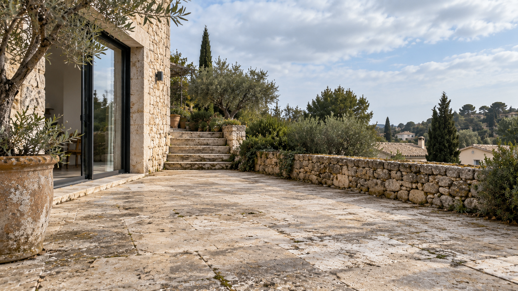 Terrasse en pierre naturelle d'une maison méditerranéenne